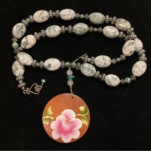 Unique Moss Agate Bead Necklace with Handpainted Flower Pendant